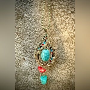 Silver-Tones Turquoise Teardrop Pendant Necklace with Coral Accents